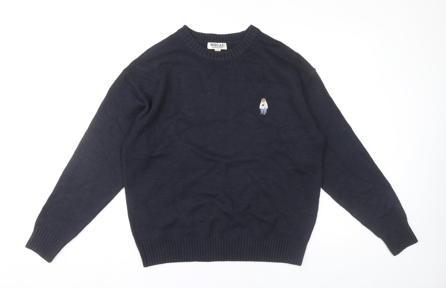 WHO.A.U Men’s Blue Knit Pullover Jumper M Crew Neck Embroidered Logo
