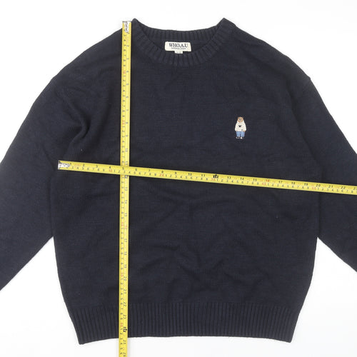 WHO.A.U Men’s Blue Knit Pullover Jumper M Crew Neck Embroidered Logo