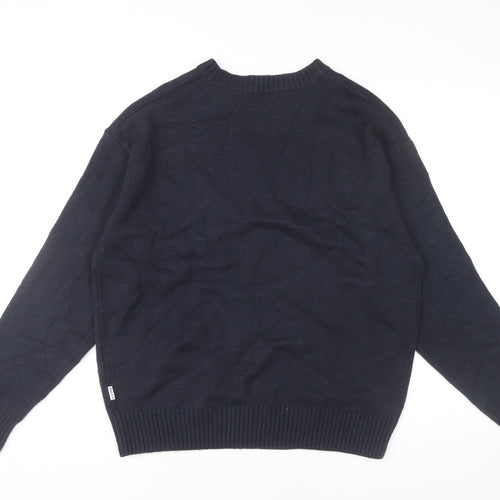 WHO.A.U Men’s Blue Knit Pullover Jumper M Crew Neck Embroidered Logo