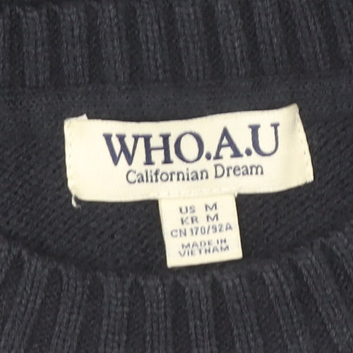 WHO.A.U Men’s Blue Knit Pullover Jumper M Crew Neck Embroidered Logo