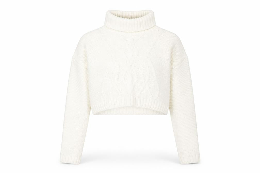 Front view of PRETTYLITTLETHING Women’s Ivory Roll Neck Cable-Knit Jumper M