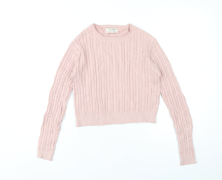 Pull&Bear Womens Pink Cable-Knit Jumper Size S Crew Neck Long Sleeve
