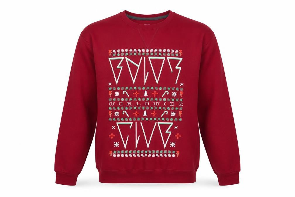 Front view of WWE Men’s Red Christmas Graphic Pullover Sweatshirt, size M