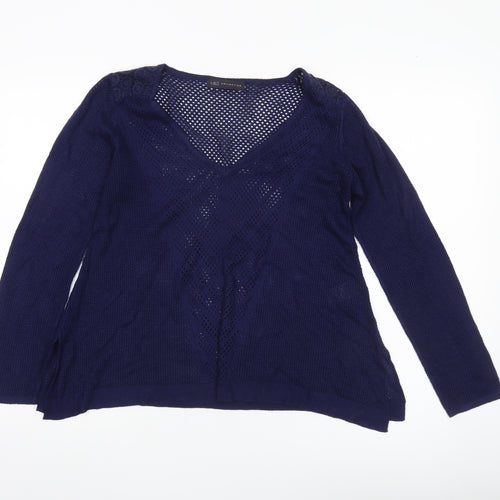 Marks and Spencer Womens Blue Size 10 V-Neck Open Knit Pullover Jumper