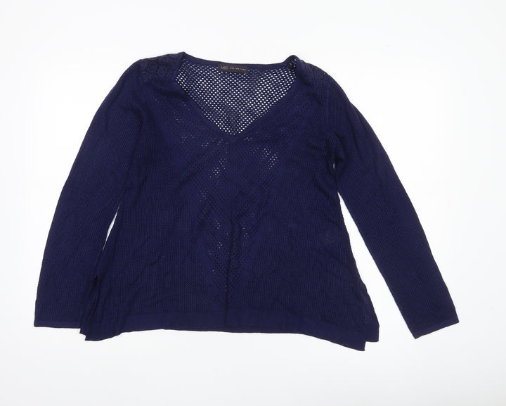 Marks and Spencer Womens Blue Size 10 V-Neck Open Knit Pullover Jumper