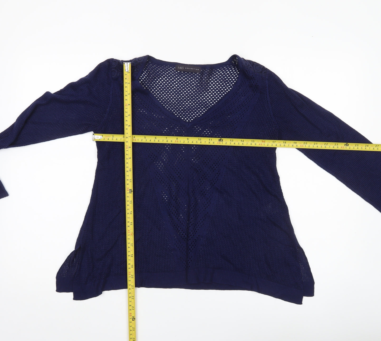 Marks and Spencer Womens Blue Size 10 V-Neck Open Knit Pullover Jumper