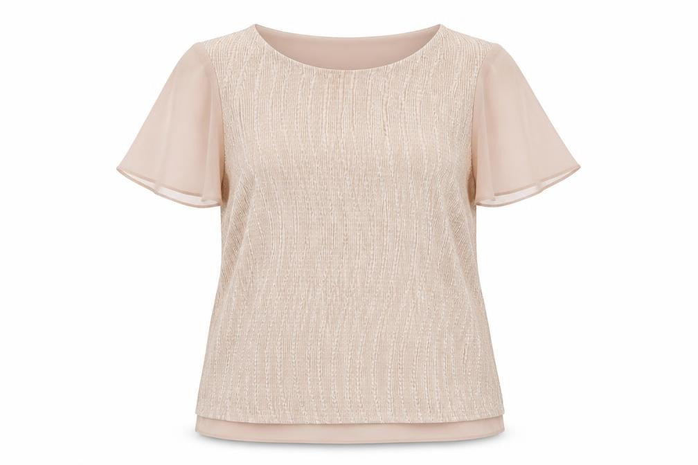 Front view of M&Co Women’s Beige Blouse, size UK 16, Flutter Sleeve Scoop Neck