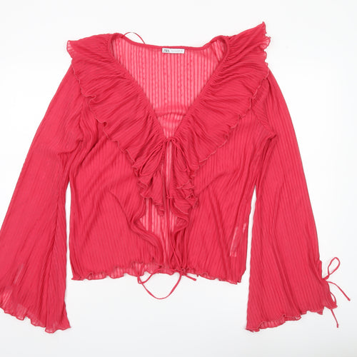 Zara Women Red Ruffle Wrap Blouse Long Sleeve Size L