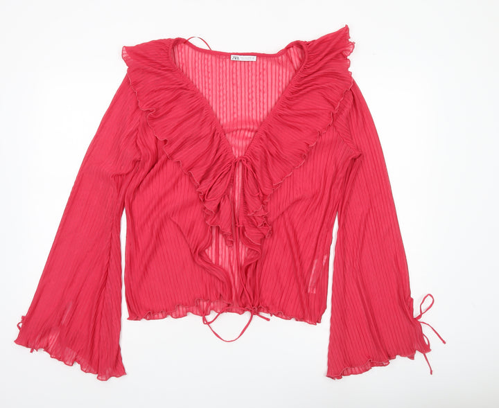 Zara Women Red Ruffle Wrap Blouse Long Sleeve Size L