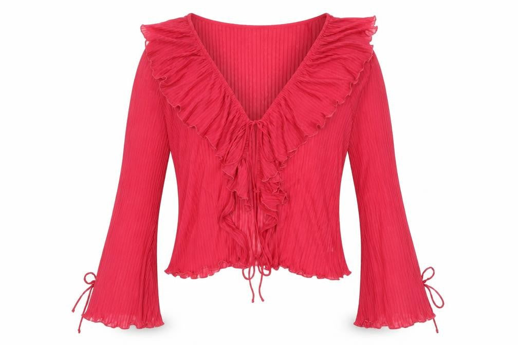 Front view of Zara Women Red Ruffle Wrap Blouse Long Sleeve, size L