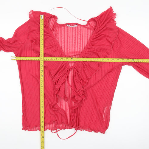 Zara Women Red Ruffle Wrap Blouse Long Sleeve Size L