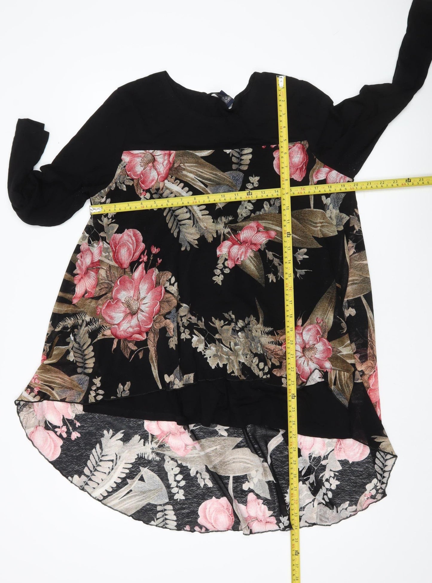 Saloos Womens Black Floral Tunic Blouse UK16 Long Sleeve Stretch