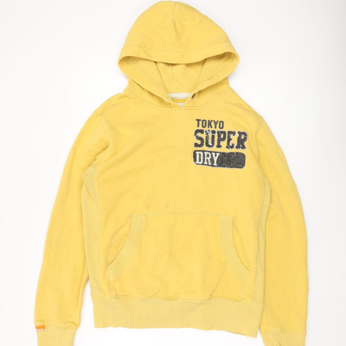 Superdry Mens Yellow Pullover Hoodie Size M Graphic Logo Sweatshirt