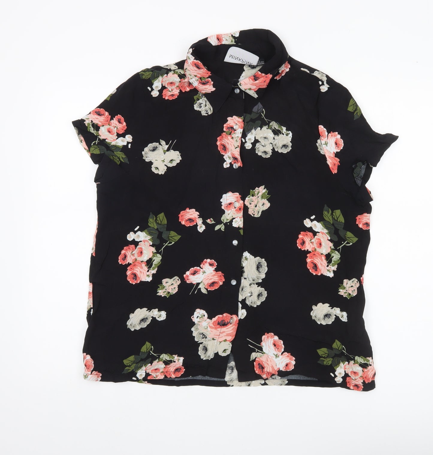 Minkpink Womens Black Floral Button-Up Shirt L Lightweight Viscose
