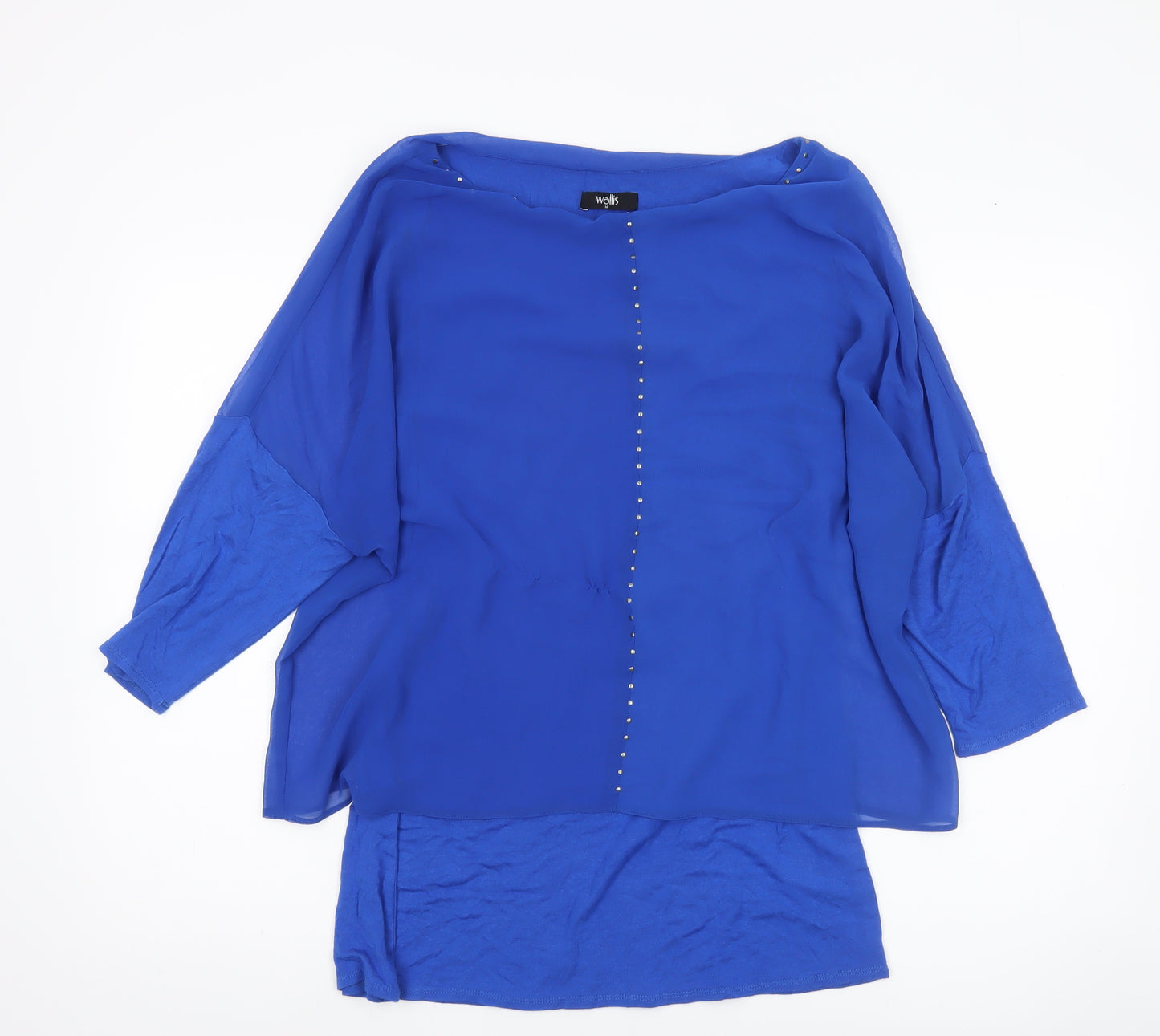 Wallis Women’s Blue Tunic Blouse M Studded 3/4 Sleeve Boat Neck