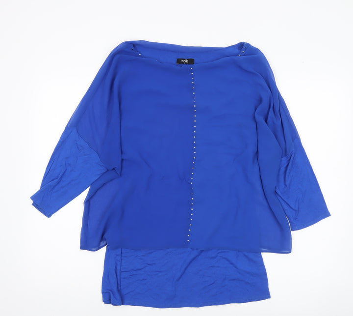 Wallis Women’s Blue Tunic Blouse M Studded 3/4 Sleeve Boat Neck