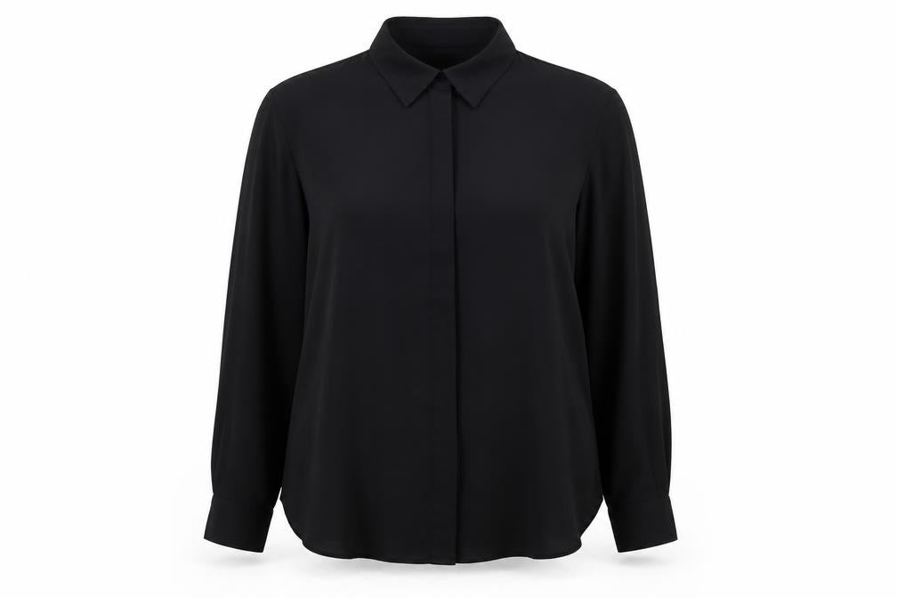 Front view of Mango Women’s Black Blouse, size UK 14, Long Sleeve Collared Workwear