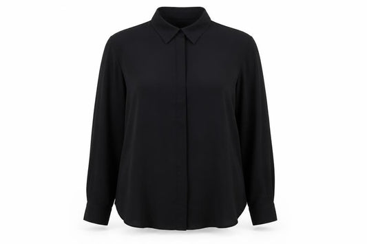 Front view of Mango Women’s Black Blouse, size UK 14, Long Sleeve Collared Workwear