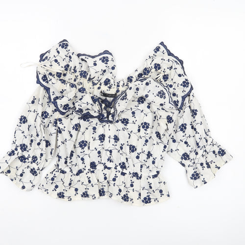 Zara Womens White Blue Floral Off Shoulder Ruffle Cotton Blouse Size S