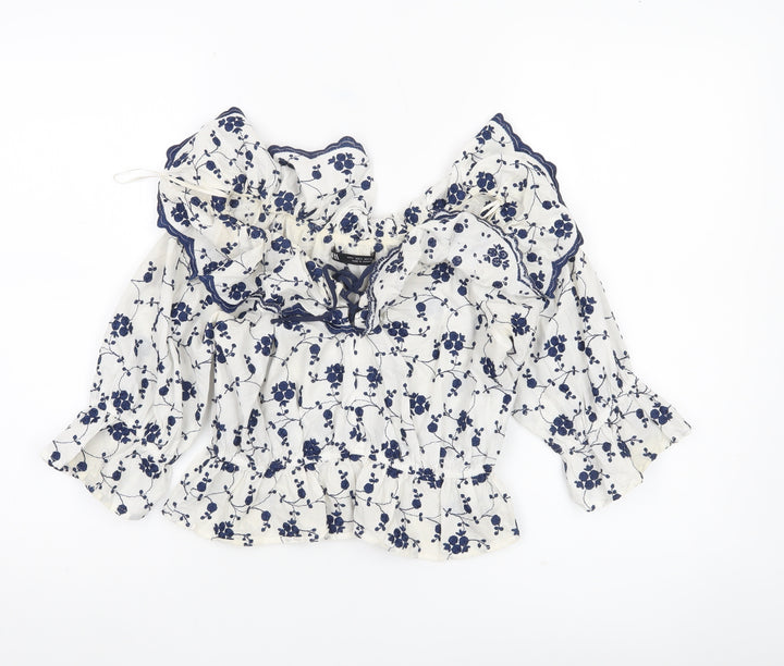 Zara Womens White Blue Floral Off Shoulder Ruffle Cotton Blouse Size S