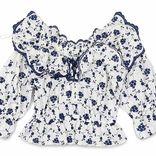 Zara Womens White Blue Floral Off Shoulder Ruffle Cotton Blouse Size S