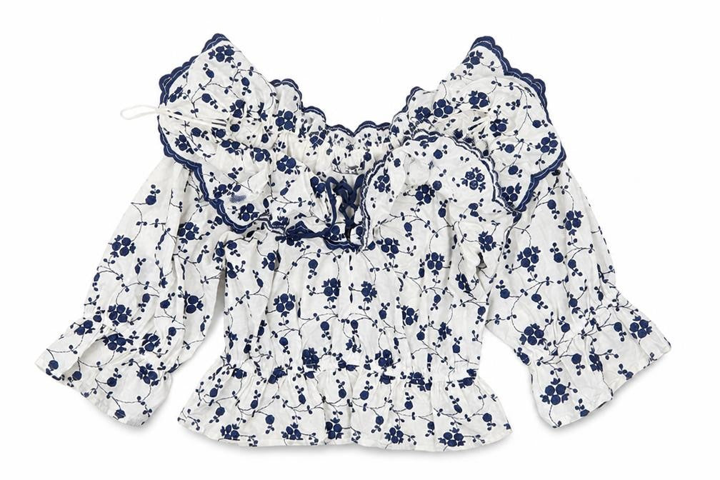 Zara Womens White Blue Floral Off Shoulder Ruffle Cotton Blouse Size S
