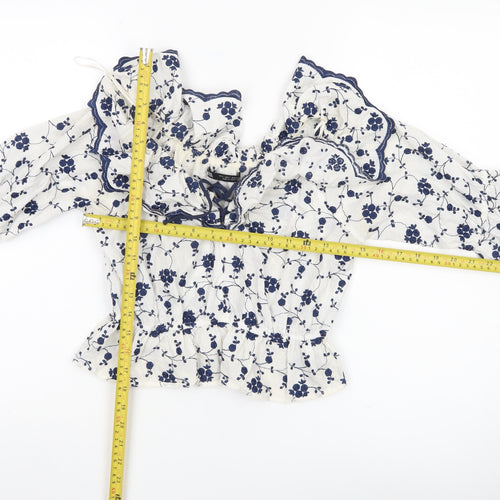 Zara Womens White Blue Floral Off Shoulder Ruffle Cotton Blouse Size S