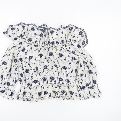 Zara Womens White Blue Floral Off Shoulder Ruffle Cotton Blouse Size S