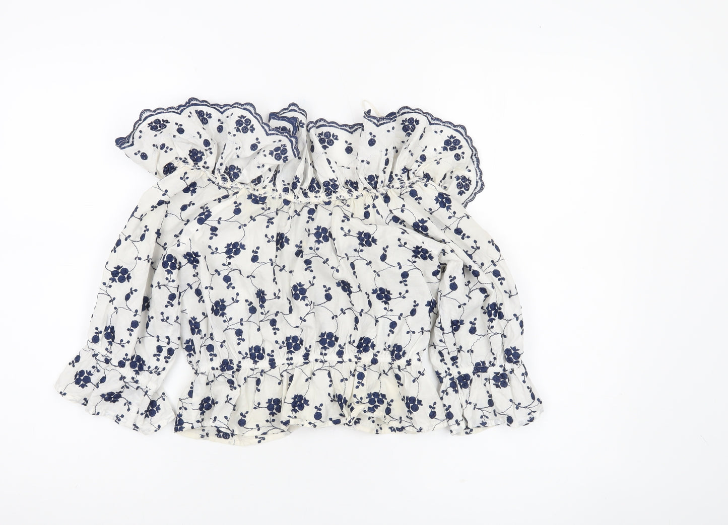 Zara Womens White Blue Floral Off Shoulder Ruffle Cotton Blouse Size S