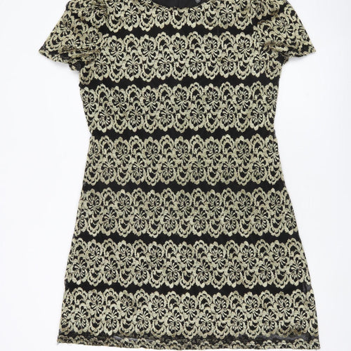 Mela London Women’s Black Gold Shift Dress Size 14 Short Sleeve Party