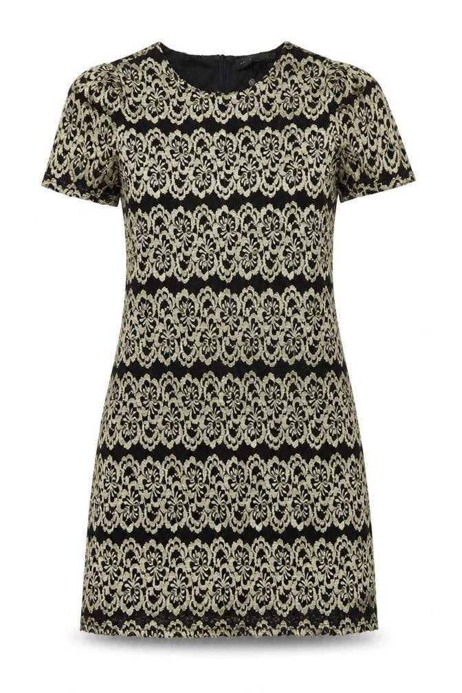 Mela London Women’s Black Gold Shift Dress Size 14 Short Sleeve Party