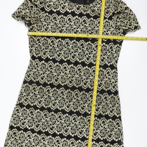 Mela London Women’s Black Gold Shift Dress Size 14 Short Sleeve Party