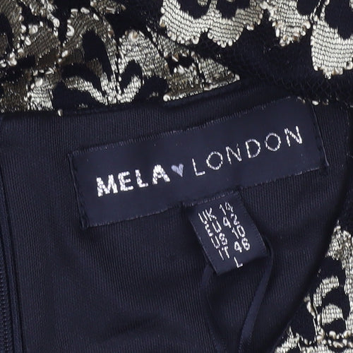 Mela London Women’s Black Gold Shift Dress Size 14 Short Sleeve Party