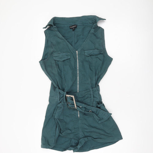 PrettyLittleThing Women Green Cotton Sleeveless Belted Playsuit UK 8