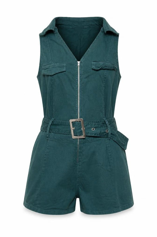 Front view of PRETTYLITTLETHING Women Green Cotton Sleeveless Belted Playsuit UK 8