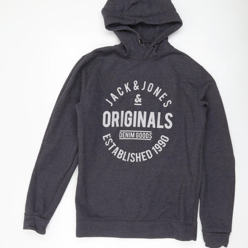 Jack & Jones Men’s Grey Pullover Hoodie L Logo Print Casual