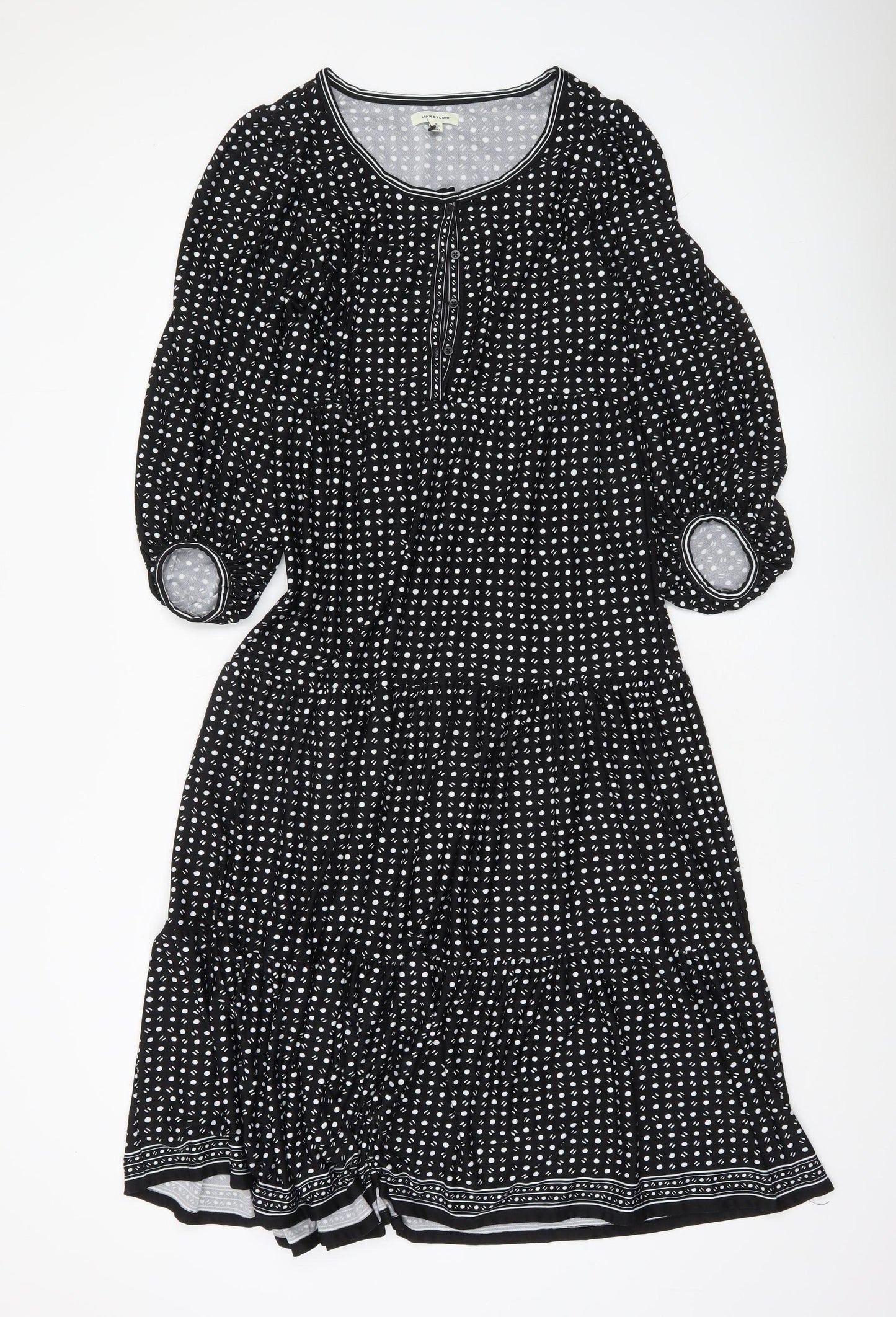 Max Studio Women Black Polka Dot Knee Length A-Line Dress S
