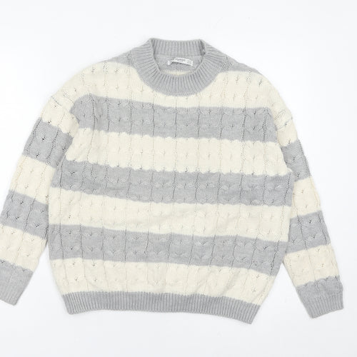 Mango Womens Grey Ivory Striped Cable Knit Jumper Size 8