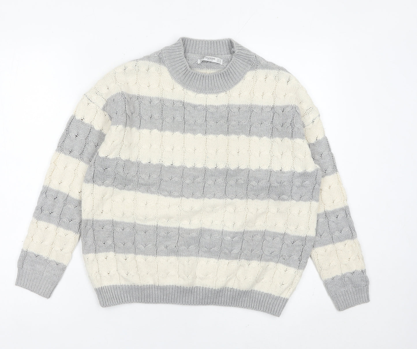 Mango Womens Grey Ivory Striped Cable Knit Jumper Size 8
