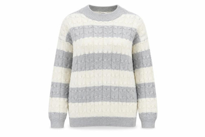 Mango Womens Grey Ivory Striped Cable Knit Jumper Size 8