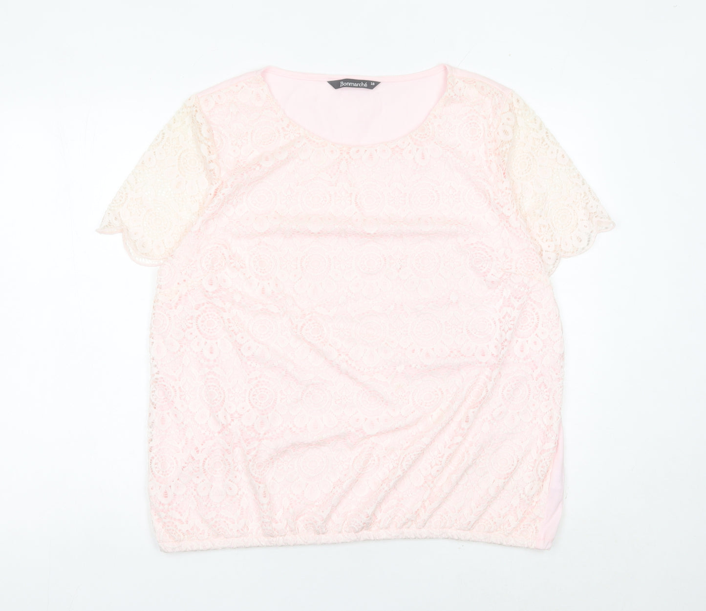Bonmarché Women’s Pink Lace Blouse Size 18 Short Sleeve Scoop Neck