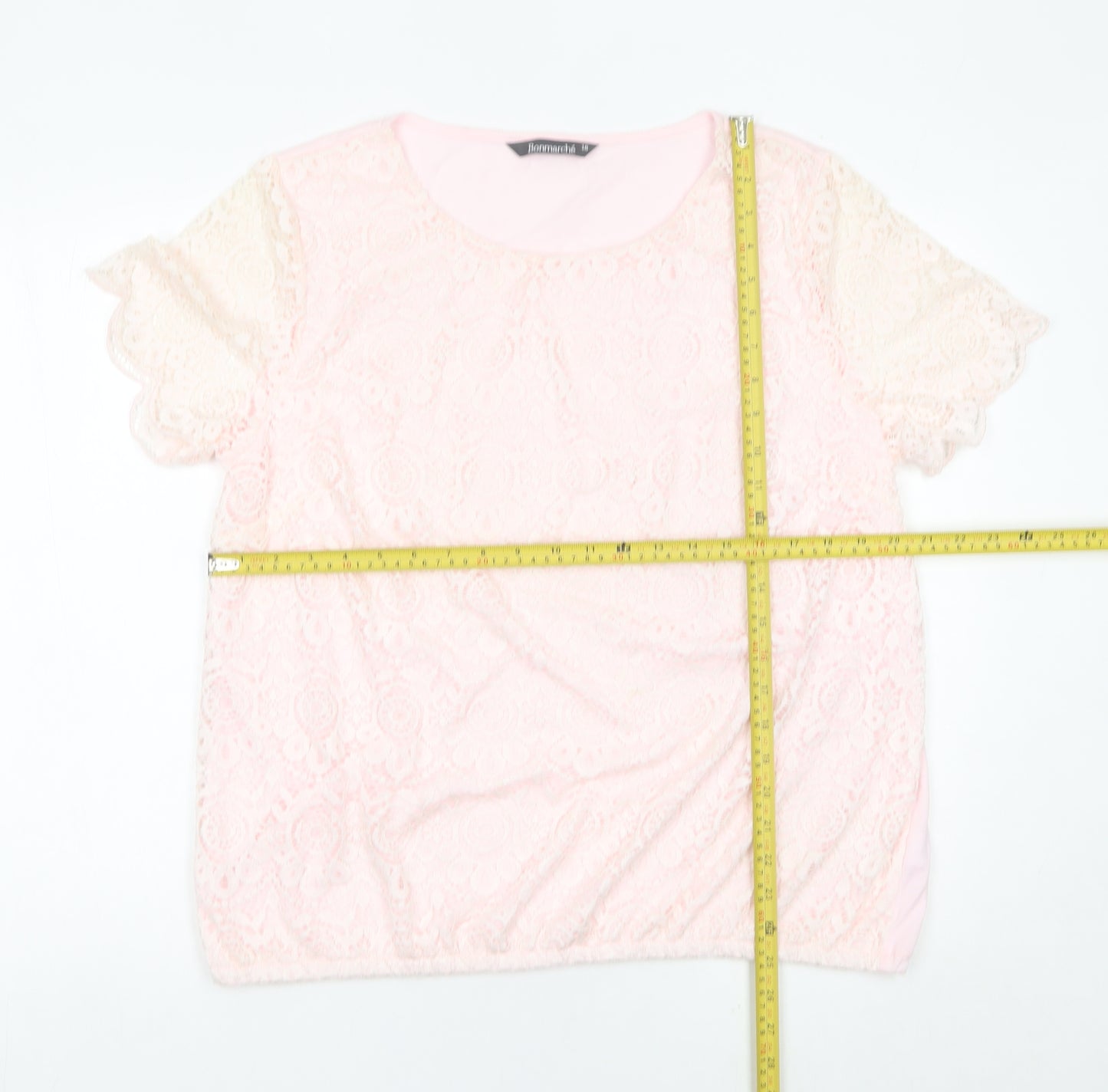 Bonmarché Women’s Pink Lace Blouse Size 18 Short Sleeve Scoop Neck