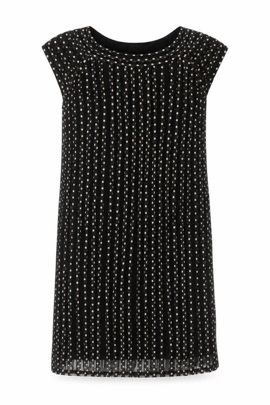 Front view of Country Casuals women’s black polka dot shift dress, size UK 14, knee length