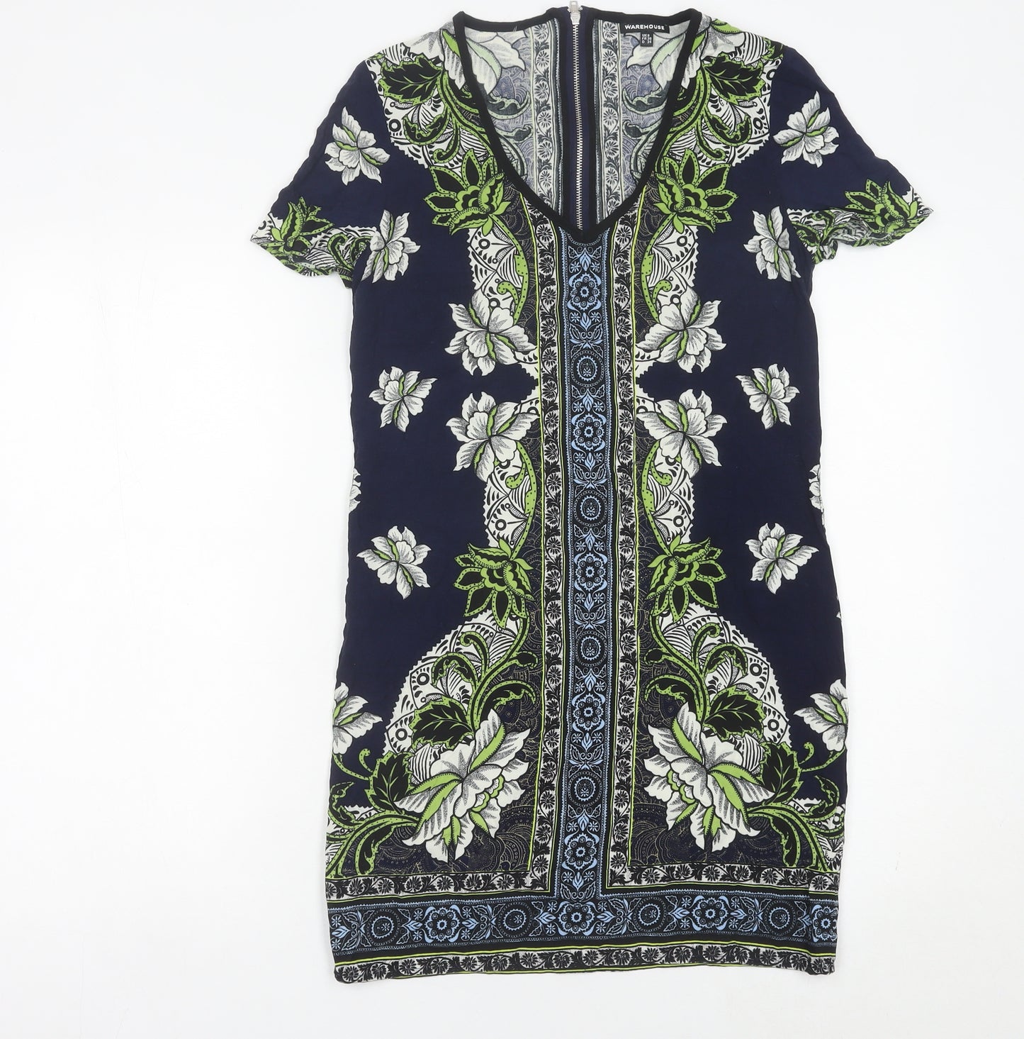 Warehouse Women’s Blue Floral Sheath Dress Size 8 V-Neck