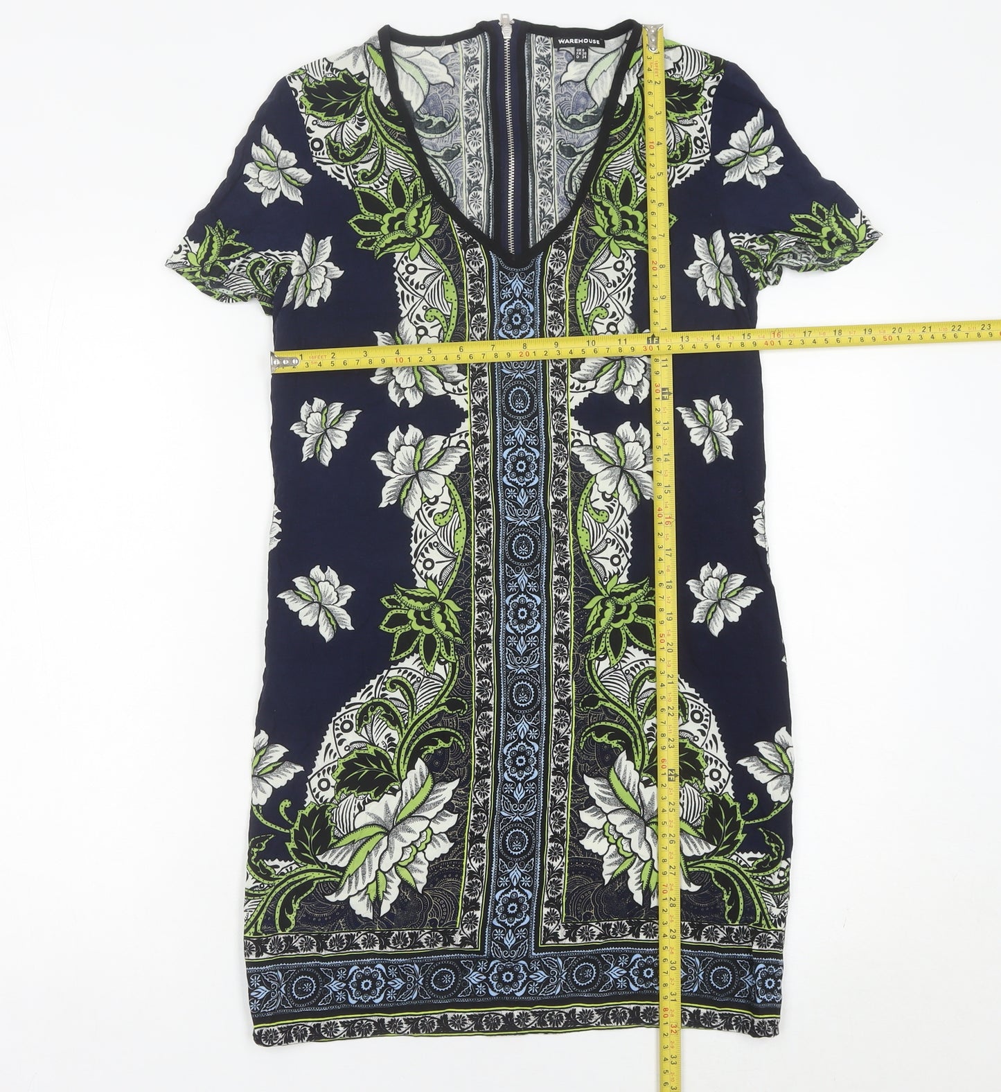 Warehouse Women’s Blue Floral Sheath Dress Size 8 V-Neck