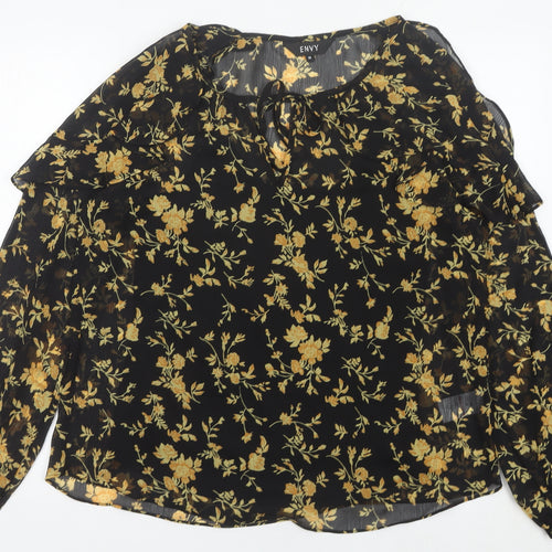 ENVY Womens Black Floral Tunic Blouse Size 14 Long Sleeve Sheer Top