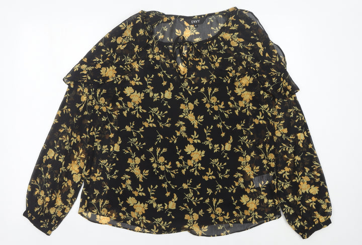 ENVY Womens Black Floral Tunic Blouse Size 14 Long Sleeve Sheer Top