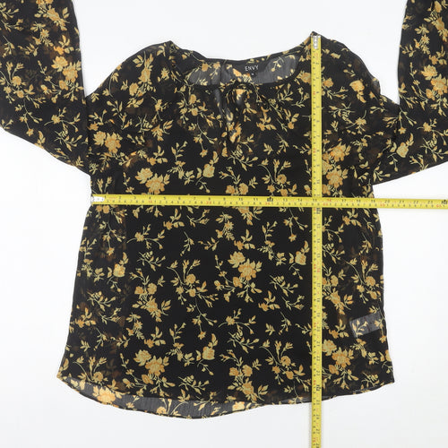 ENVY Womens Black Floral Tunic Blouse Size 14 Long Sleeve Sheer Top