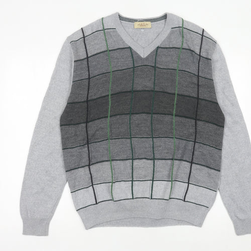 Montellaro Mens Grey XL Pullover Check Knit Wool Blend Jumper