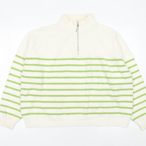 MNG Womens White Green Striped Half Zip High Neck Jumper L